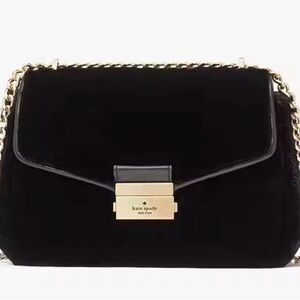 NWT Kate Spade Black Faux Fur Flap Shoulder Bag with Gold Accent